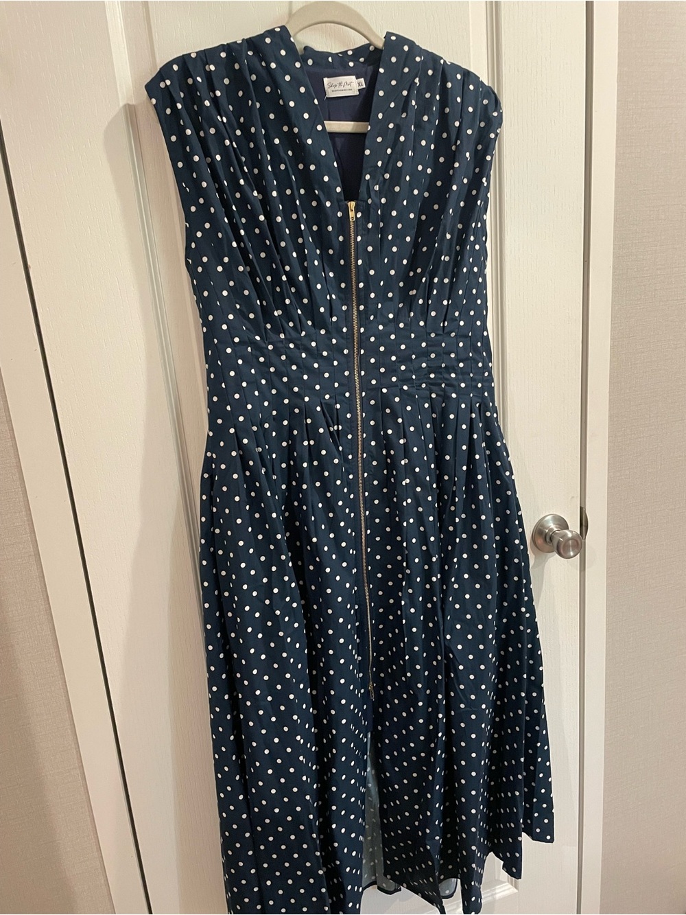 Navy Polka Dot Zip-Front Midi Dress